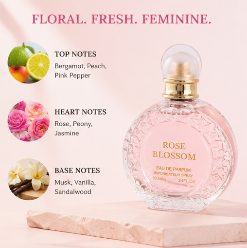 Rose Blossom Eau de Parfum for Women, Floral Rose Perfume, Long Lasting Feminine Fragrance with Soft Floral &amp; Powdery Notes, Elegant Everyday Scent for Women, Gift for Her, 3.4 Fl Oz / 100ml