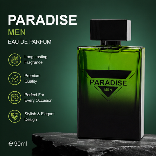 Paradise Men Eau de Parfum 3.0 Fl Oz (90ml) – Long Lasting Fresh Woody Cologne for Men – Masculine Citrus Aromatic Fragrance with Green Notes, Woods &amp; Musk – Everyday Signature Scent for Men