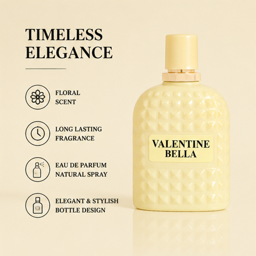 Valentine Bella Eau de Parfum for Women, 3.4 Fl Oz (100ml) Long Lasting Floral Vanilla Perfume – Sweet Feminine Fragrance with Fruity, Floral &amp; Warm Musk Notes – Elegant Everyday Perfume for Women