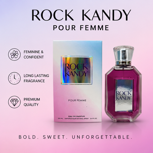 Rock Kandy Pour Femme Eau de Parfum for Women 3.4 Fl Oz (100ml) – Long Lasting Fruity Floral Perfume for Women – Sweet Feminine Fragrance with Berry, Floral &amp; Soft Musk Notes – Elegant Gift for Women