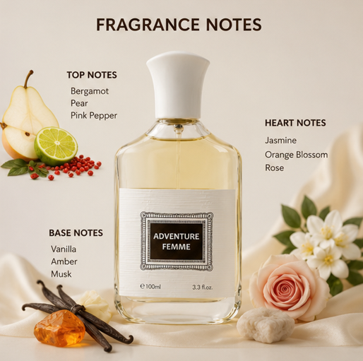 Adventure Femme Eau de Parfum for Women 3.3 Fl Oz (100ml) – Long Lasting Floral Fruity Perfume for Women – Fresh Feminine Fragrance with Citrus, White Floral &amp; Soft Musk Notes – Everyday Signature Scent Gift for Women