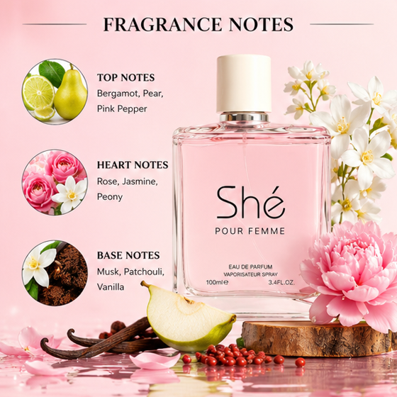 Shé Pour Femme Eau De Parfum 100ml (3.4 Fl Oz) – Long Lasting Floral Fruity Perfume for Women – Elegant Feminine Fragrance Spray for Daily Wear, Date Night &amp; Special Occasions