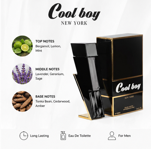 Cool Boy Eau de Toilette for Men, 3.4 Fl Oz (100ml) Long Lasting Fresh Woody Cologne for Men – Masculine Aromatic Fragrance with Citrus, Spice &amp; Warm Woods – Everyday Signature Scent