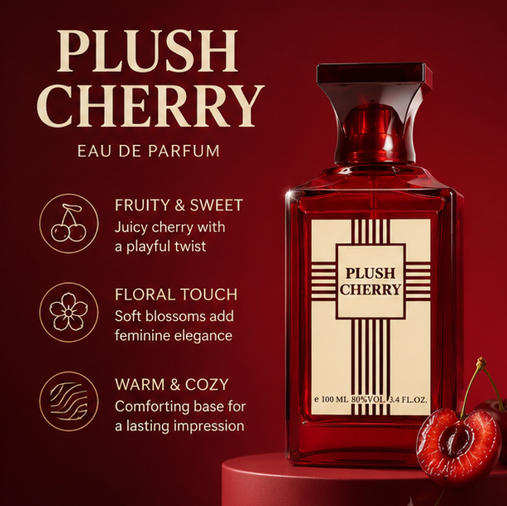 Plush Cherry Eau de Parfum for Women, Sweet Cherry Perfume, Long Lasting Fruity Floral Fragrance, Warm Vanilla &amp; Amber Inspired Scent, Everyday Wear, Date Night Perfume, 3.4 Fl Oz / 100ml