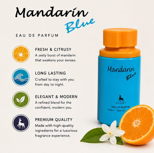 Mandarin Blue Eau de Parfum 3.4 Fl Oz (100ml) – Fresh Citrus Perfume for Women &amp; Men – Long Lasting Fruity Aromatic Fragrance with Mandarin Orange, Fresh Notes &amp; Soft Musk – Everyday Signature Scent