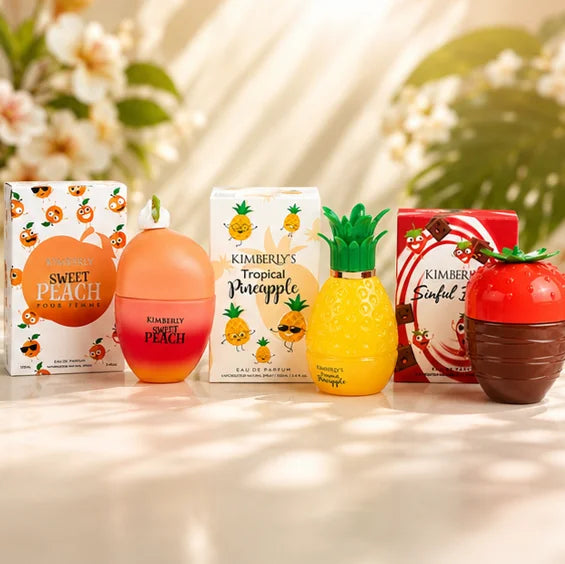Kimberly’s Fruity Favorites Trio Perfume Gift Set for Women – Sweet Peach, Tropical Pineapple &amp; Sinful Berry Eau de Parfum Collection, Long Lasting Fruity Gourmand Fragrance Bundle, 3 Piece Perfume Set