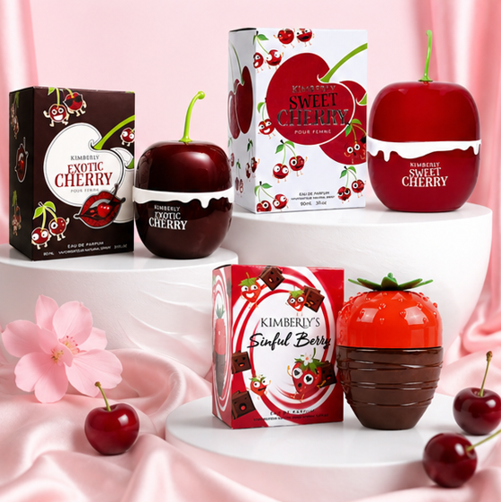 Kimberly’s Cherry Indulgence Trio Perfume Gift Set for Women – Exotic Cherry, Sweet Cherry &amp; Sinful Berry Eau de Parfum Collection, Long Lasting Fruity Gourmand Fragrance Bundle, 3 Piece Perfume Gift Set