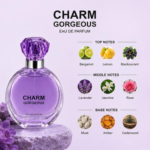 Charm Gorgeous Eau de Parfum for Women 3.3 Fl Oz (100ml) – Long Lasting Floral Fruity Perfume for Women – Sweet Feminine Fragrance with Floral, Vanilla &amp; Musk Notes – Everyday Signature Scent Gift for Women