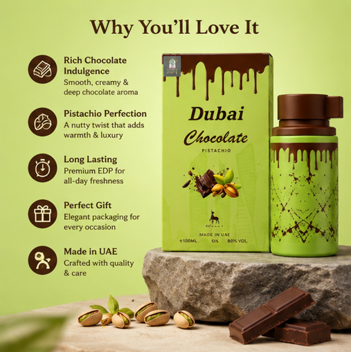 Dubai Chocolate Pistachio Eau de Parfum 3.4 Fl Oz (100ml) – Gourmand Chocolate Pistachio Fragrance with Sweet Nutty Notes, Warm Vanilla &amp; Creamy Accords – Long Lasting Unisex Perfume