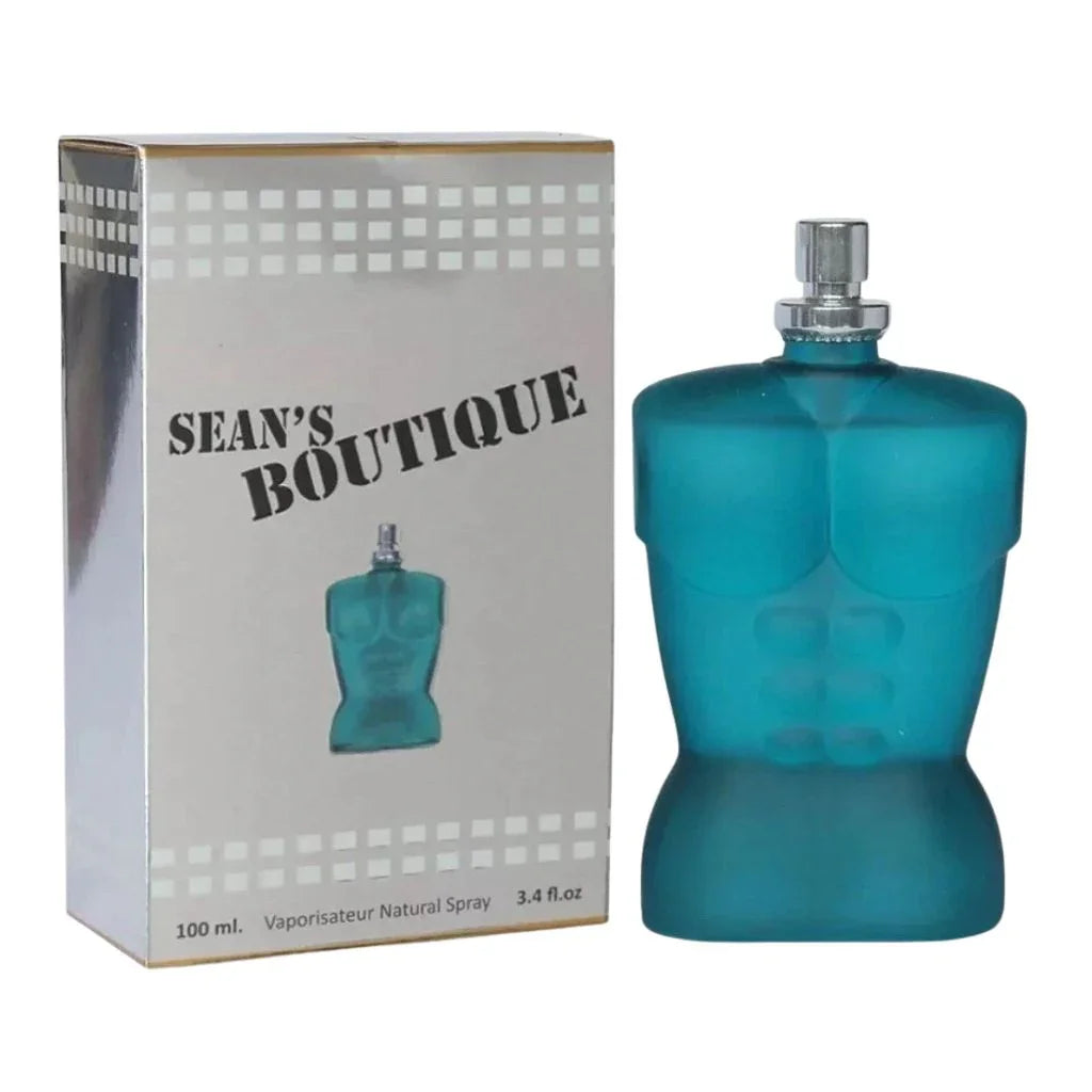 Sean's Boutique by Secret Plus Eau De Parfum 100ml men's cologne bottle sculpted like a green male torso next to its metallic silver retail box.