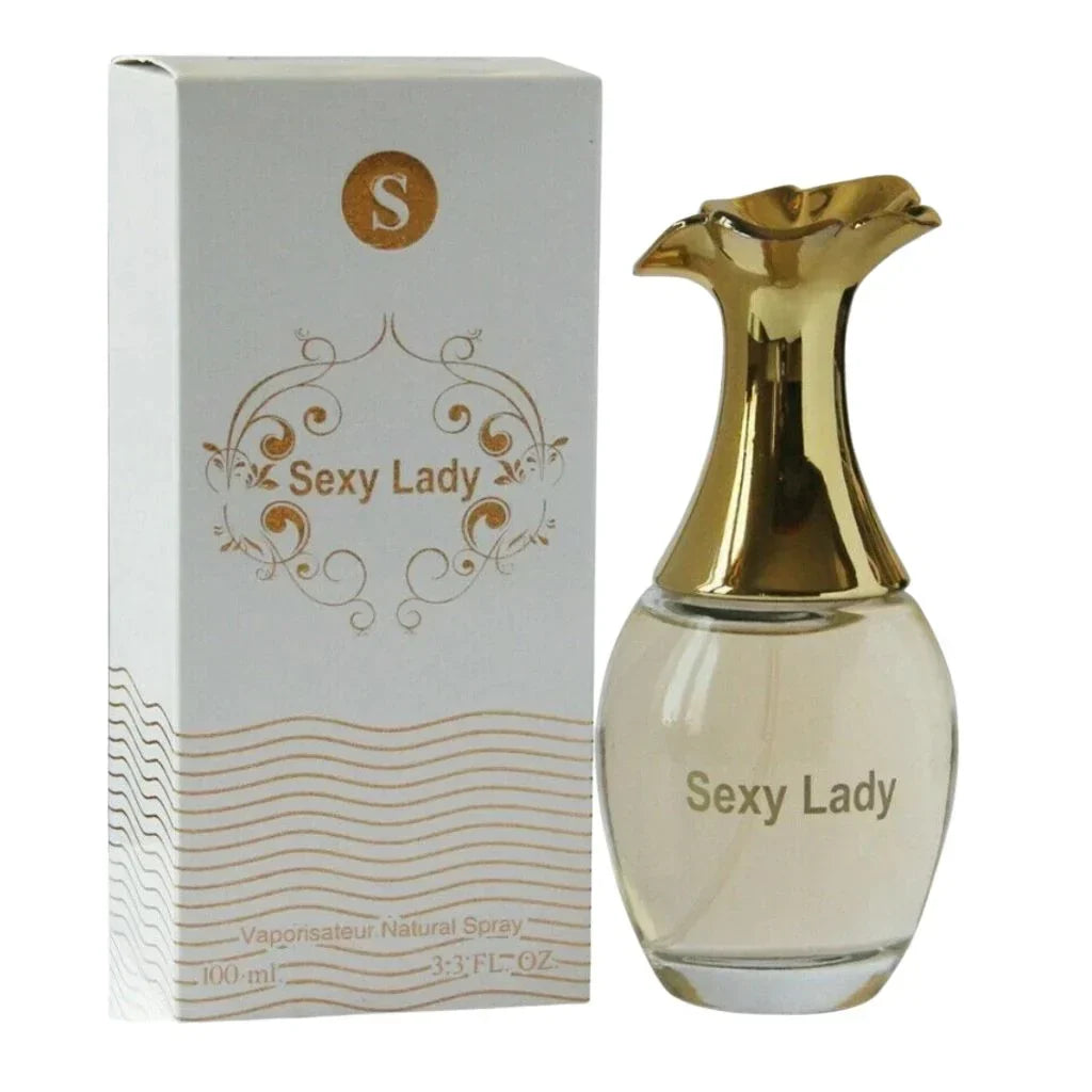Sexy Lady 100ml Eau de Parfum in a teardrop glass bottle with a gold flower cap next to its white and gold retail box.