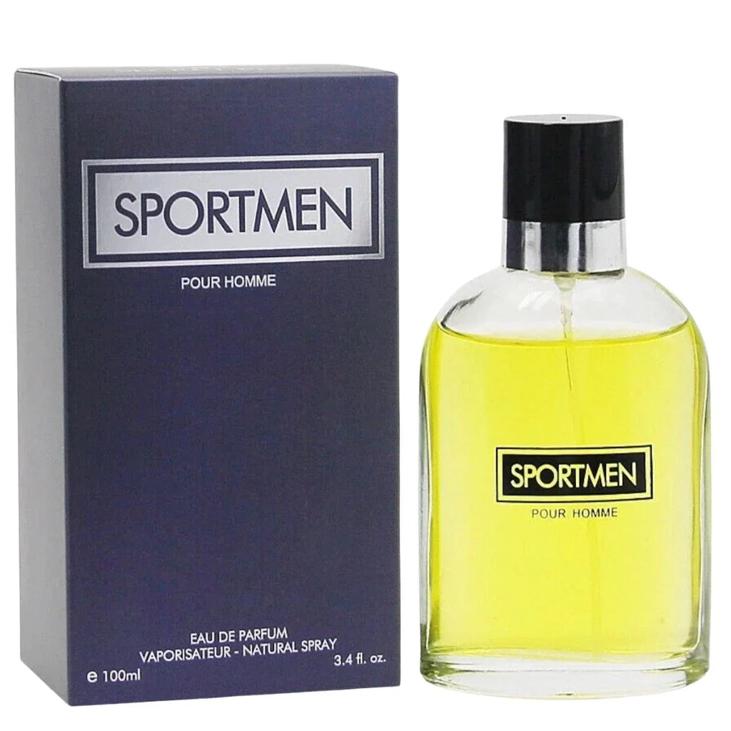 Sportmen Pour Homme Eau de Parfum 100 ml clear glass bottle showing yellow cologne fluid next to its deep charcoal-blue retail box.