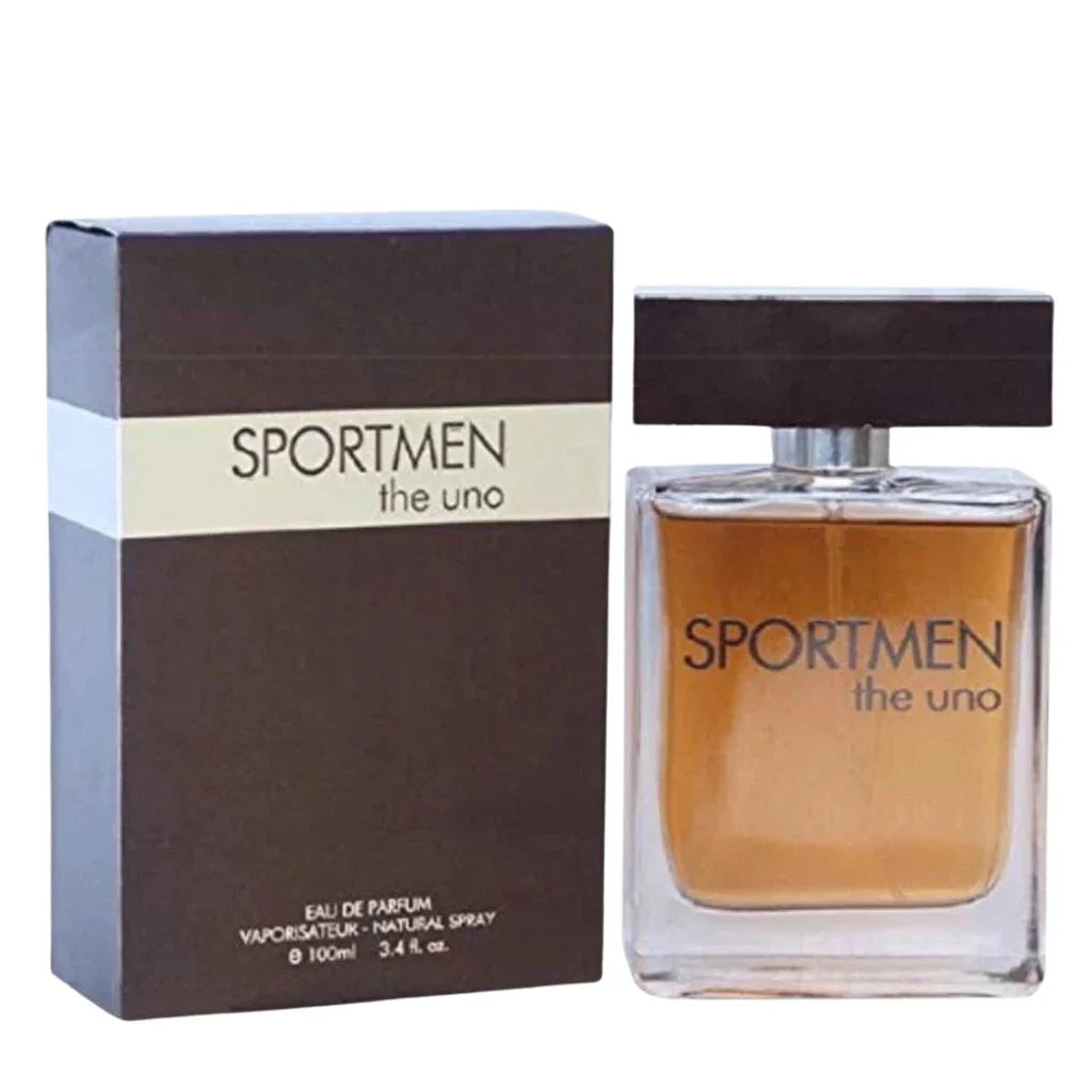 Sportmen The Uno Eau de Parfum 100 ml heavy glass bottle showing amber cologne fluid next to its deep chocolate-brown retail box.