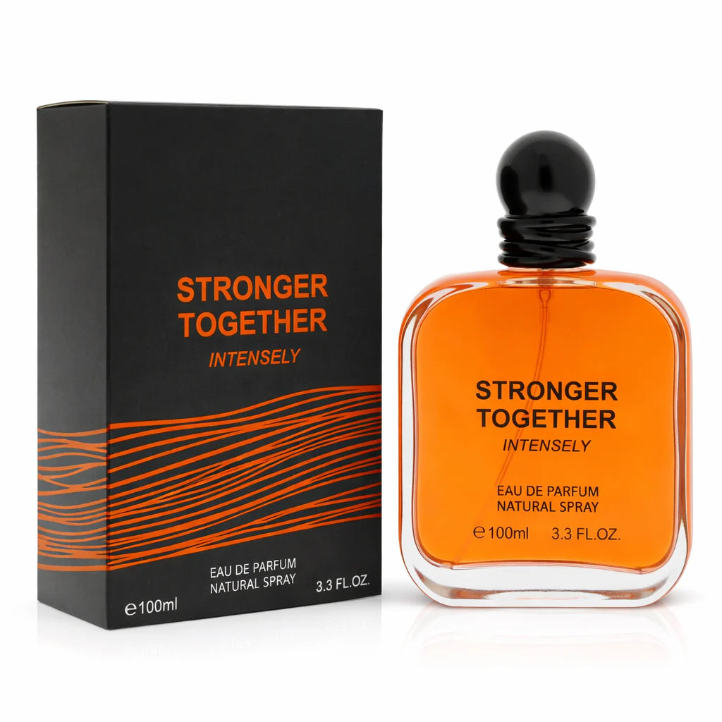 Stronger Together Intensely 100ml Eau de Parfum bottle with warm amber liquid next to its black and orange textured box.