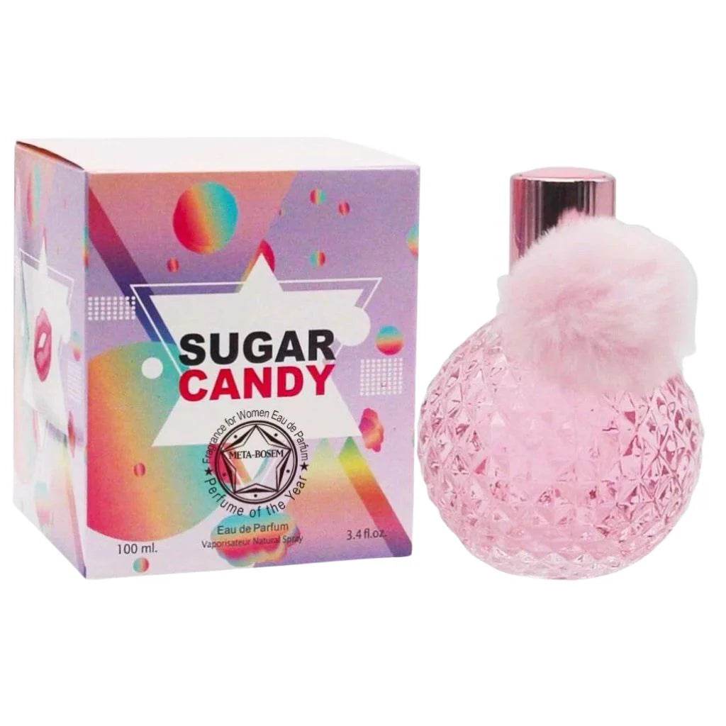 Sugar Candy 100ml pink textured perfume bottle with a pink puff accent next to its vibrant multi-colored gift box.