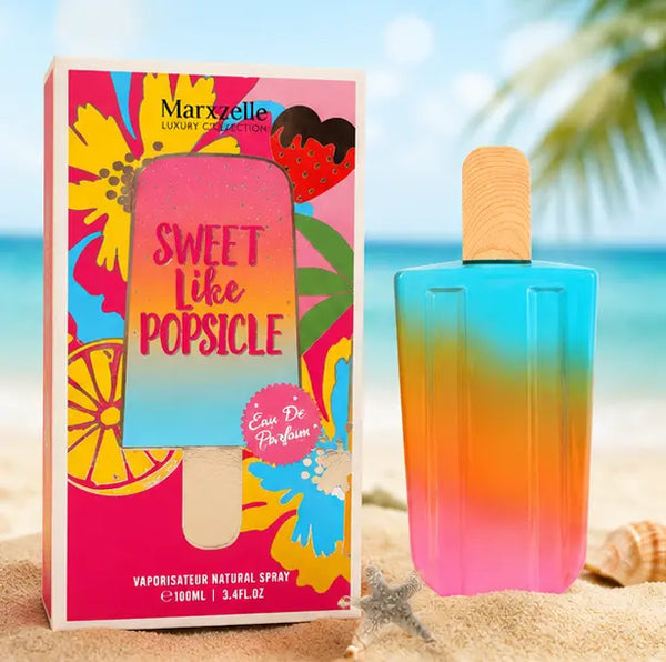 Sweet Like Popsicle bottle with wood-grain cap on tropical background
