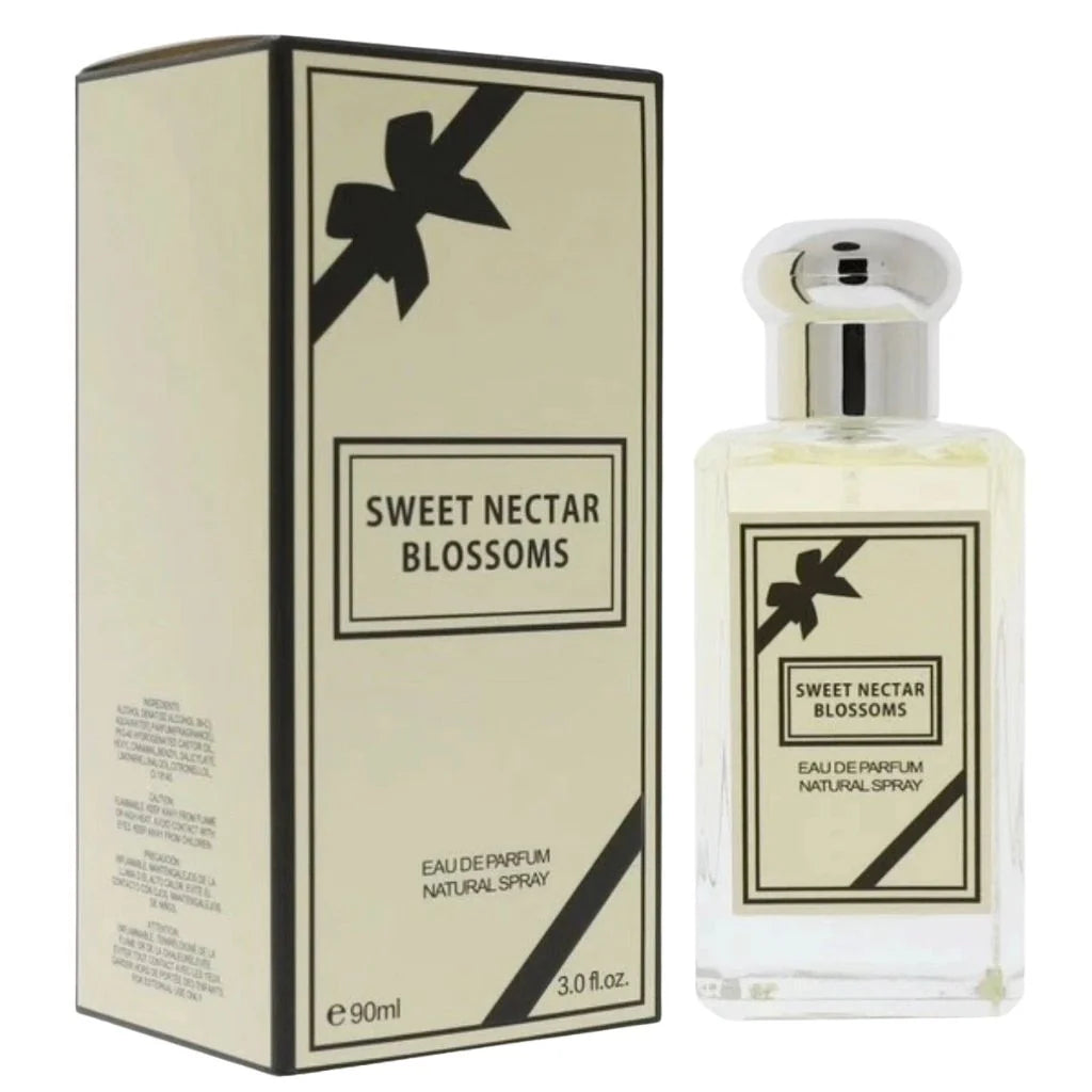 Sweet Nectar Blossoms 90ml Eau de Parfum in a clear rectangular bottle with a silver cap next to its elegant beige box with a black bow illustration.
