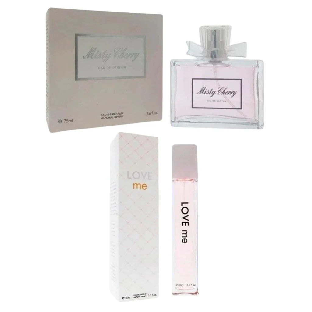 Sweet Temptation women's fragrance set featuring Misty Cherry 100ml and Love Me 100ml bottles with their respective elegant packaging.