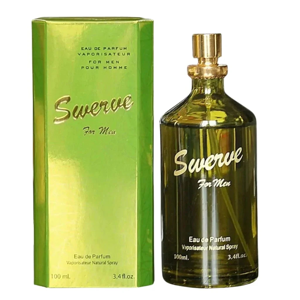 Swerve for Men Eau de Parfum 100 ml clear round glass bottle next to its reflective, high-gloss metallic chartreuse green box.
