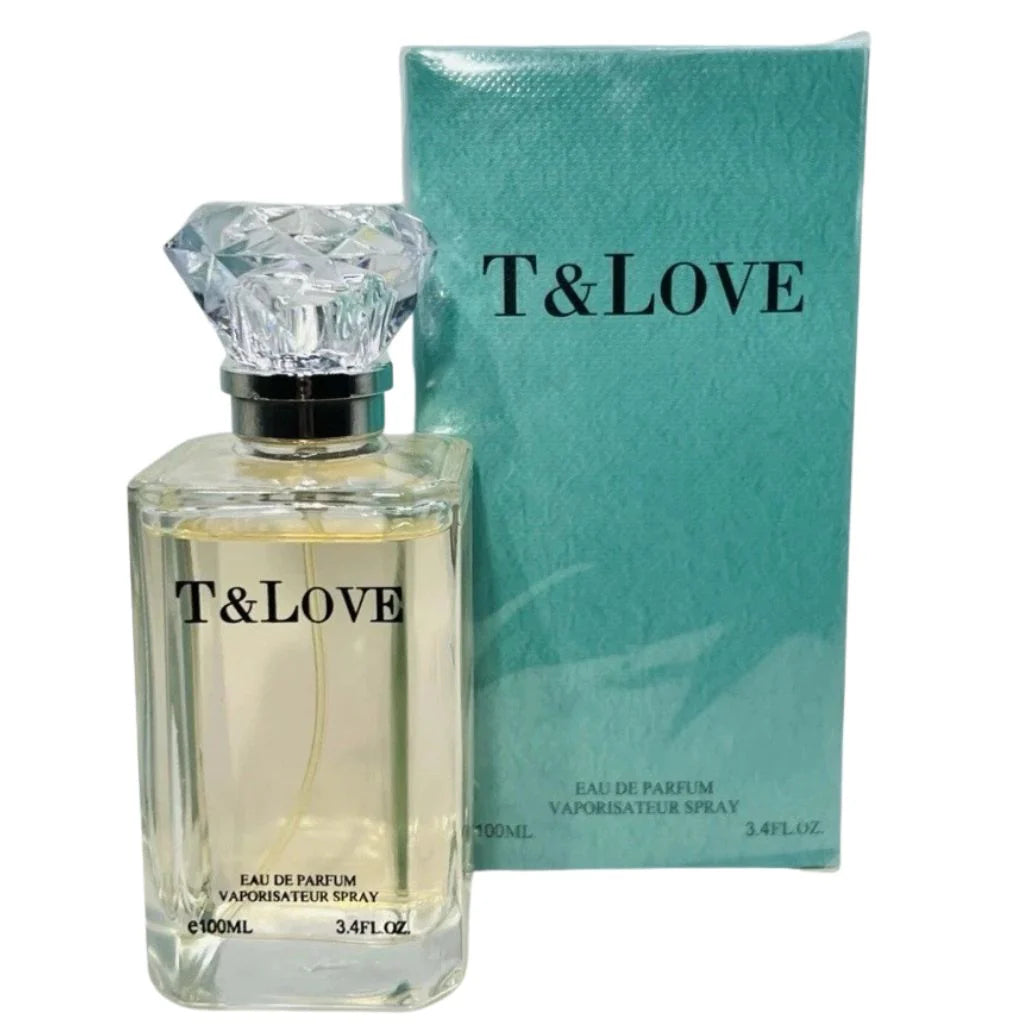 T &amp; Love 100ml Eau de Parfum in a clear rectangular bottle with a large diamond-shaped cap next to its teal retail box.