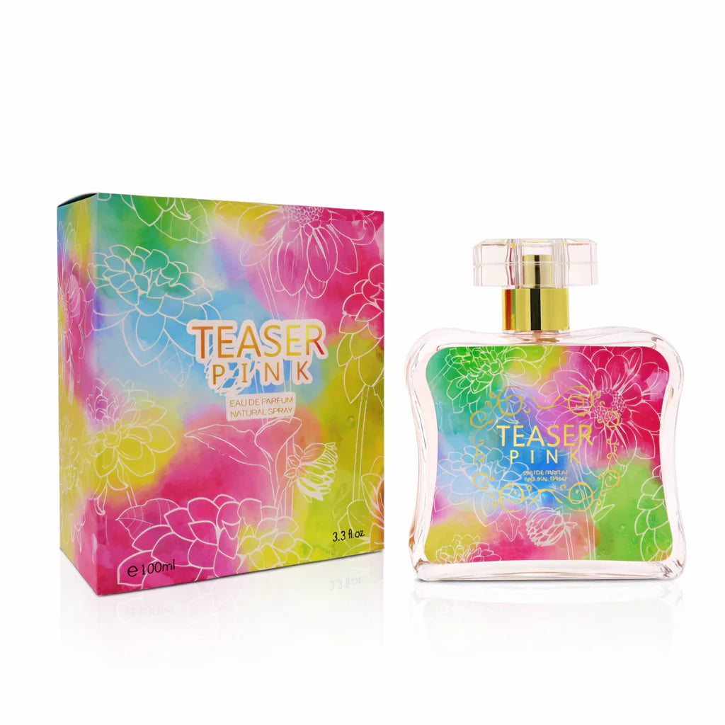 Teaser Pink by Royal Fragrance 100ml Eau de Parfum bottle with colorful floral box.