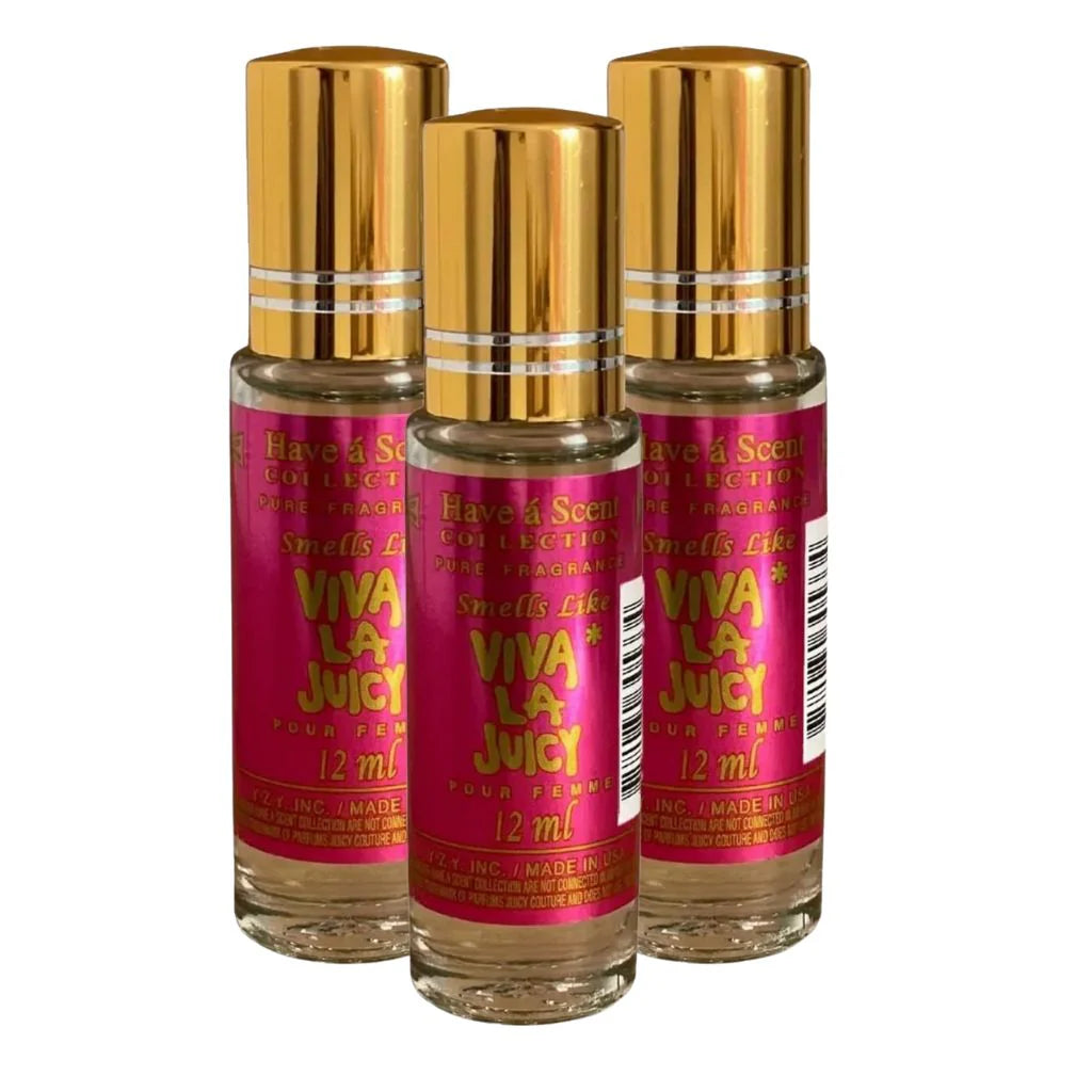 Three 12ml bottles of Viva premium concentrated perfume oil with smooth gold roll-on applicators from Scentblooms.