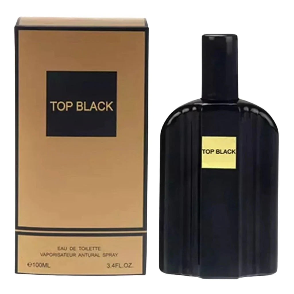 Top Black for Men 100ml Eau de Toilette in a ribbed black bottle with a gold label next to its matching gold and black retail box.
