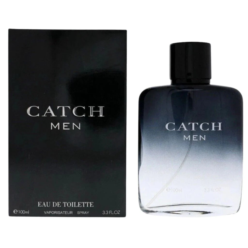 Catch Men 100ml EDT bottle with a black-to-clear gradient finish next to its sleek black and silver retail box.
