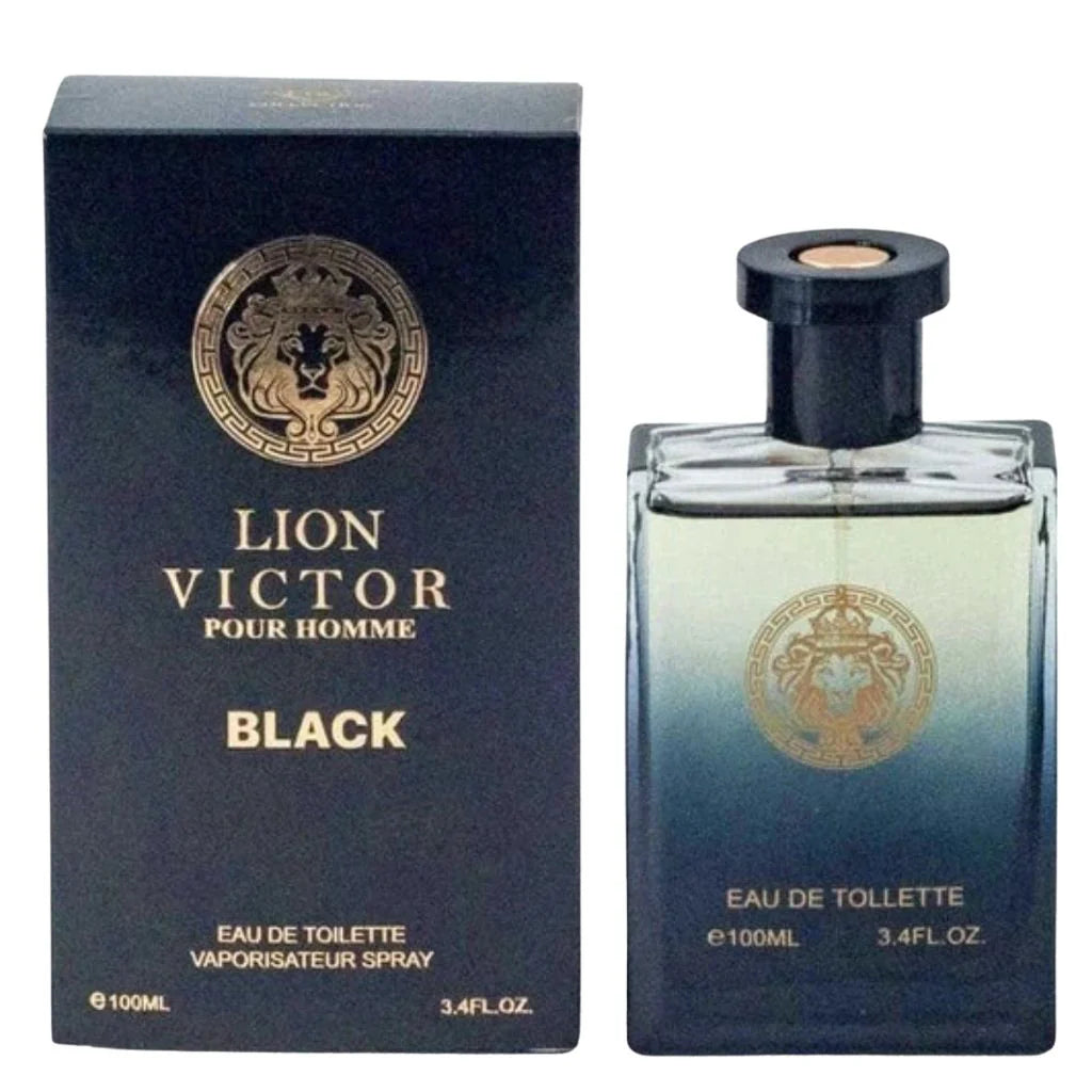 Lion Victor Black 100ml men's cologne in a blue-to-clear gradient bottle with gold lion emblem next to its black and gold retail box.
