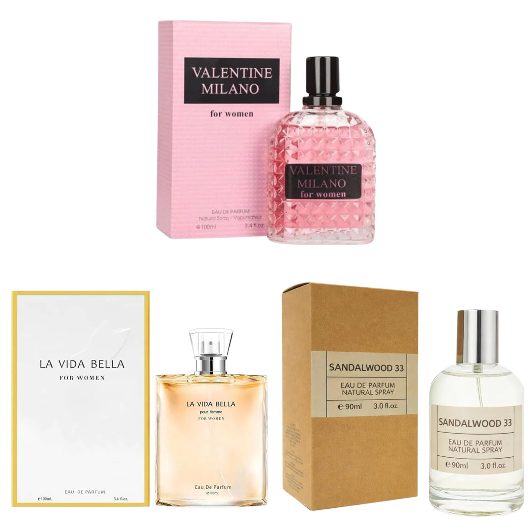 Valentine Milano, La Vida Bella &amp; Sandalwood 33 Gift Set for Women 3 Pack Eau de Parfum 90–100ml Each – Long Lasting Sweet Floral Warm Fragrance Set for Women – Perfume Bundle Gift for Her