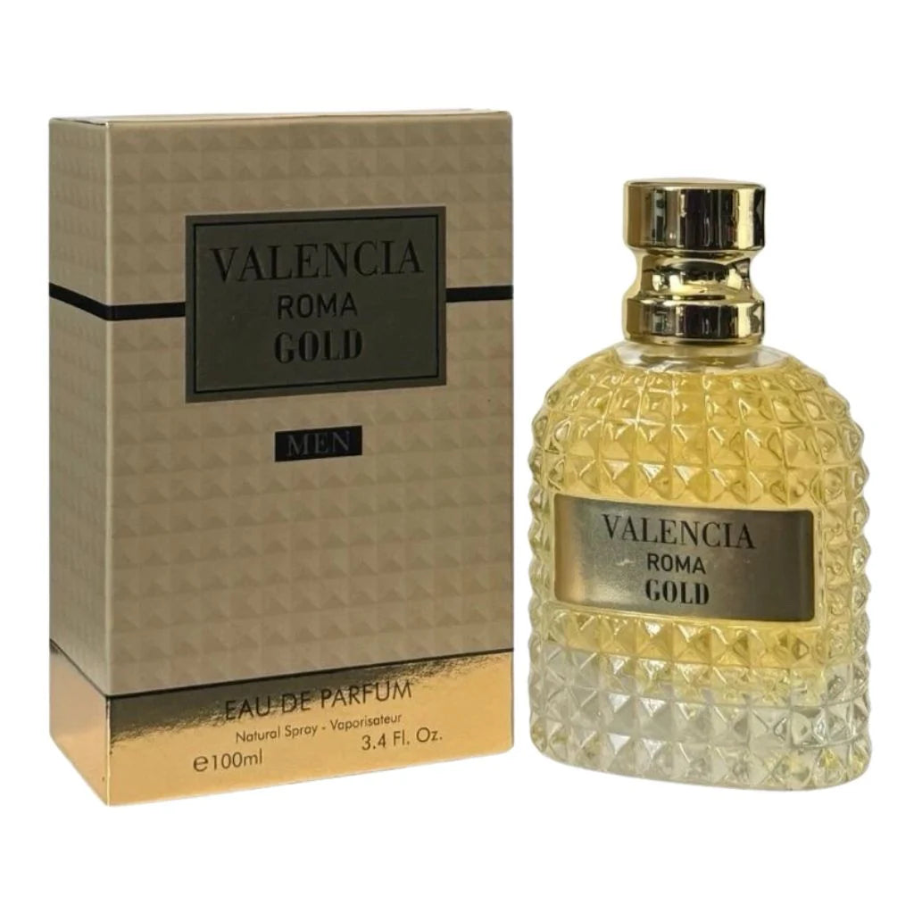 Valencia Roma Gold 100ml Eau de Parfum in a textured gold glass bottle for men next to its premium gold and black box.