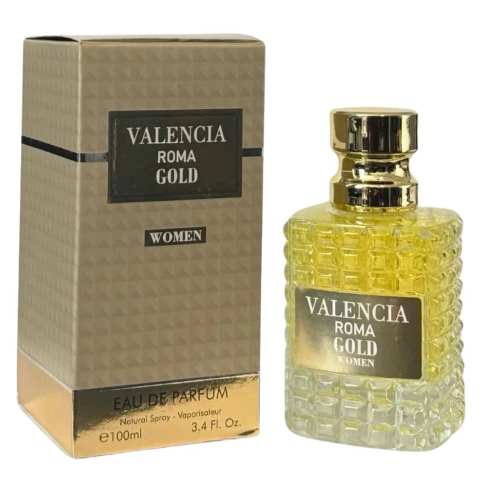 Valencia Roma Gold 100ml Eau de Parfum in a textured gold glass bottle next to its premium gold and black box.