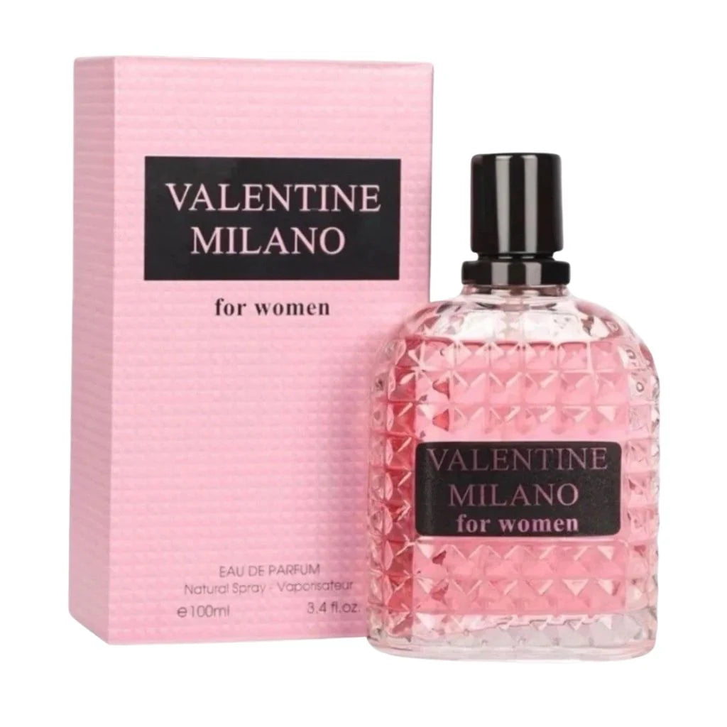 Valentine Milano 100ml Eau de Parfum pink studded bottle standing next to its matching pink textured box.