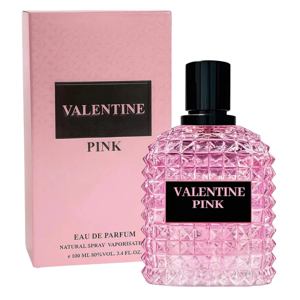 Valentine Pink 100ml Eau de Parfum studded glass bottle next to its elegant pink and black box.