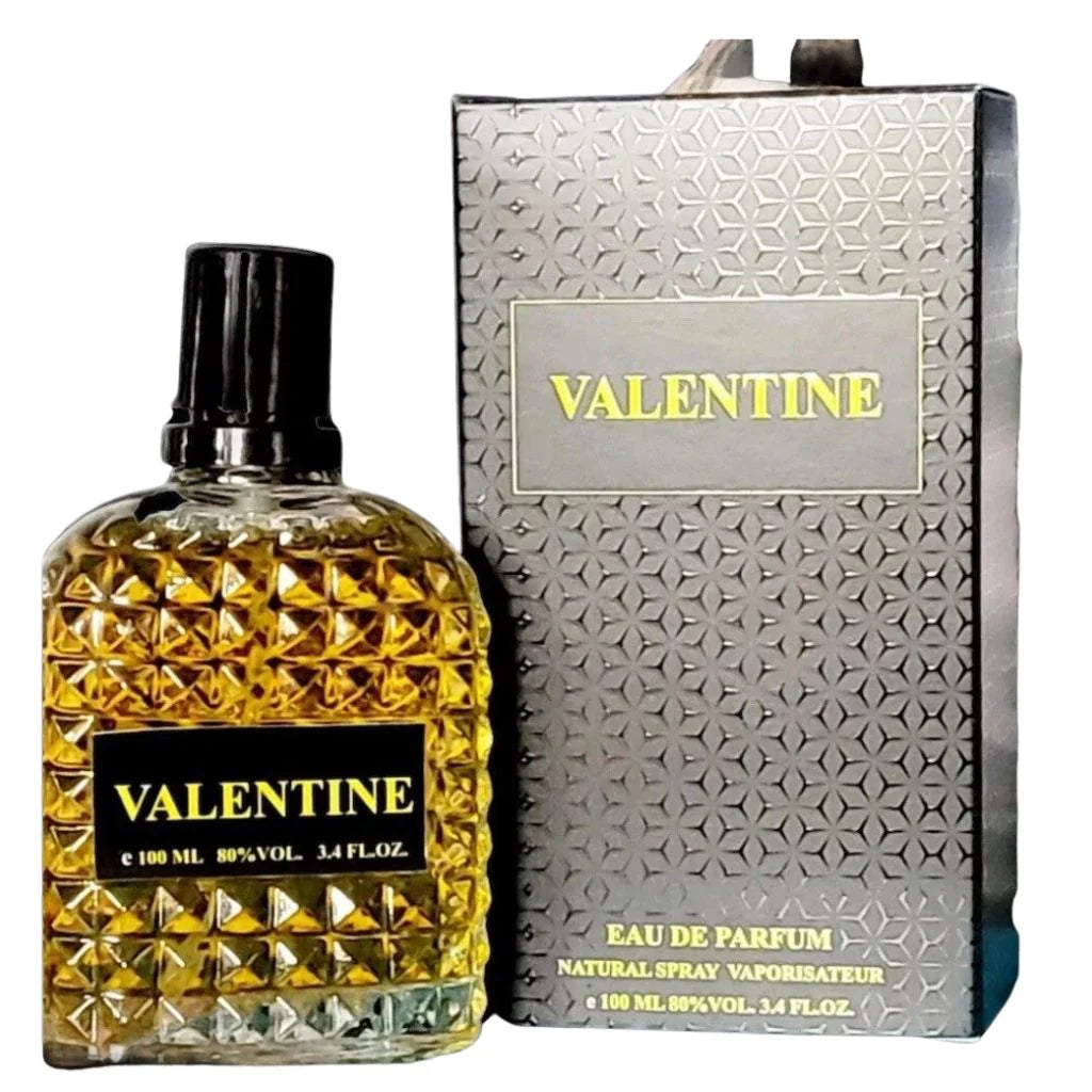 Valentine for men in a 100ml gold-toned studded bottle next to its grey and gold retail box.