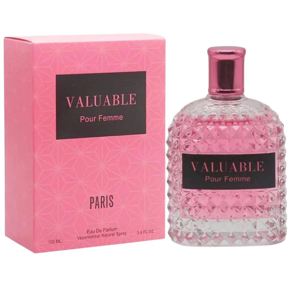 Valuable Pour Femme Paris 100ml Eau de Parfum bottle with a pink geometric box.