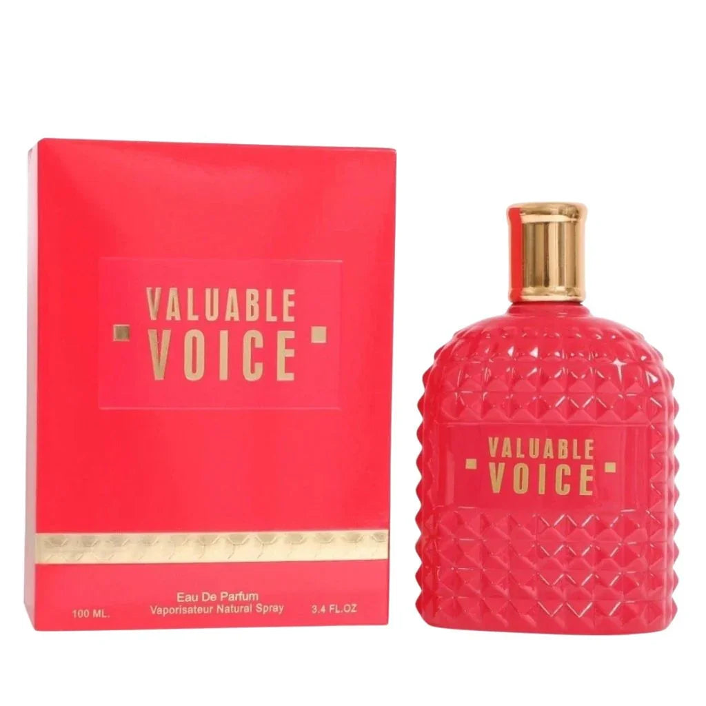 Valuable Voice 100ml Eau de Parfum in a studded red glass bottle next to its vibrant red and gold retail box.