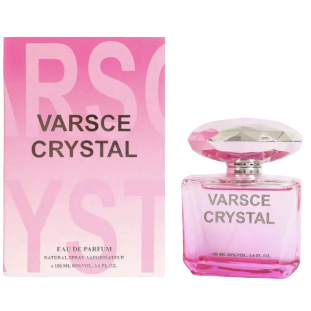 Varsce Crystal 100ml Eau de Parfum pink glass bottle with a large crystal-style cap next to its vibrant pink packaging.