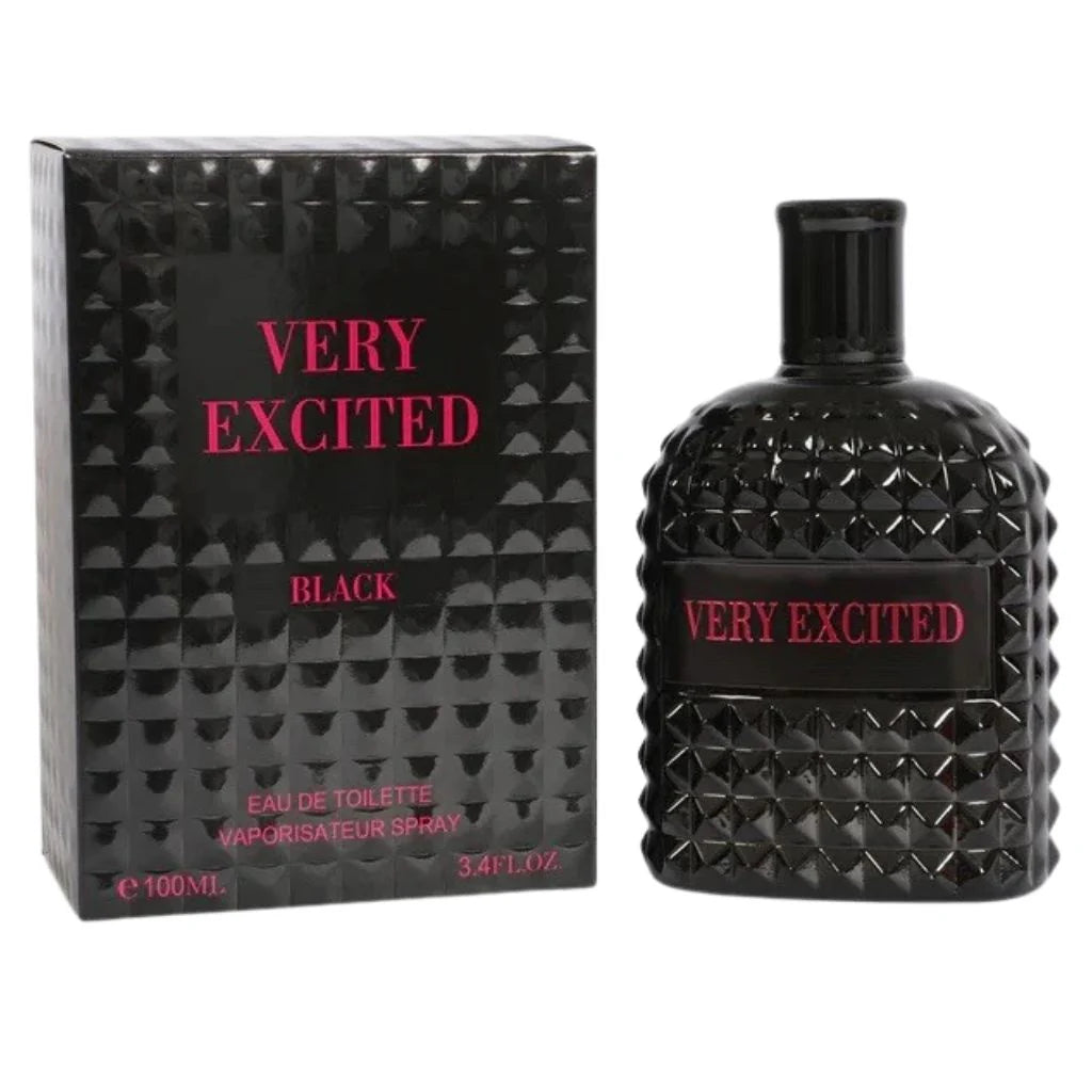 Very Excited Black Pour Homme in a 100ml textured black bottle next to its matching black and pink retail box