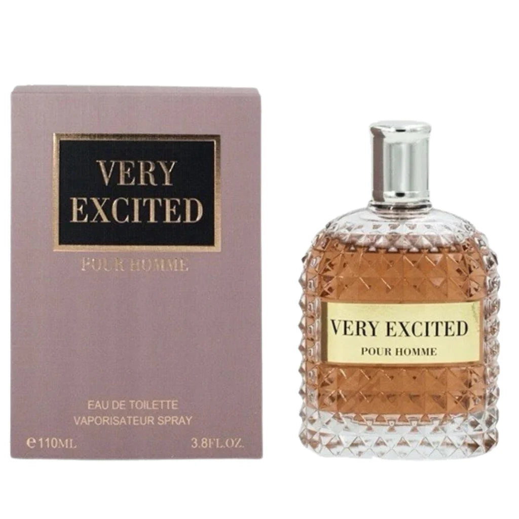 Very Excited Pour Homme 100ml Eau de Toilette in a studded glass bottle next to its taupe and gold retail box.
