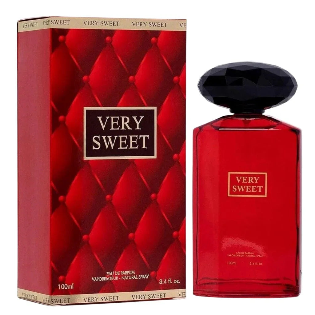 Very Sweet 100ml Eau de Parfum in a bold red bottle next to its luxurious red quilted retail box.