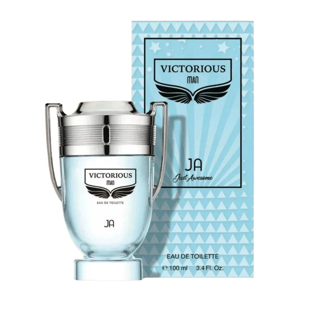 Victorious Man Just Awesome 100ml Eau de Toilette in a silver trophy-shaped bottle next to its light blue and black retail box.