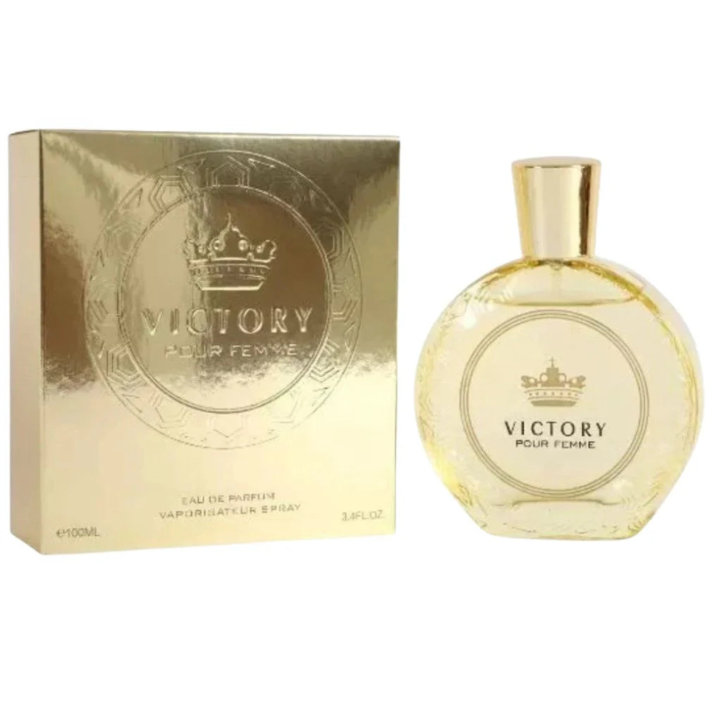 Victory Pour Femme 100ml Eau de Parfum in a rounded glass bottle next to its premium gold-toned square box.