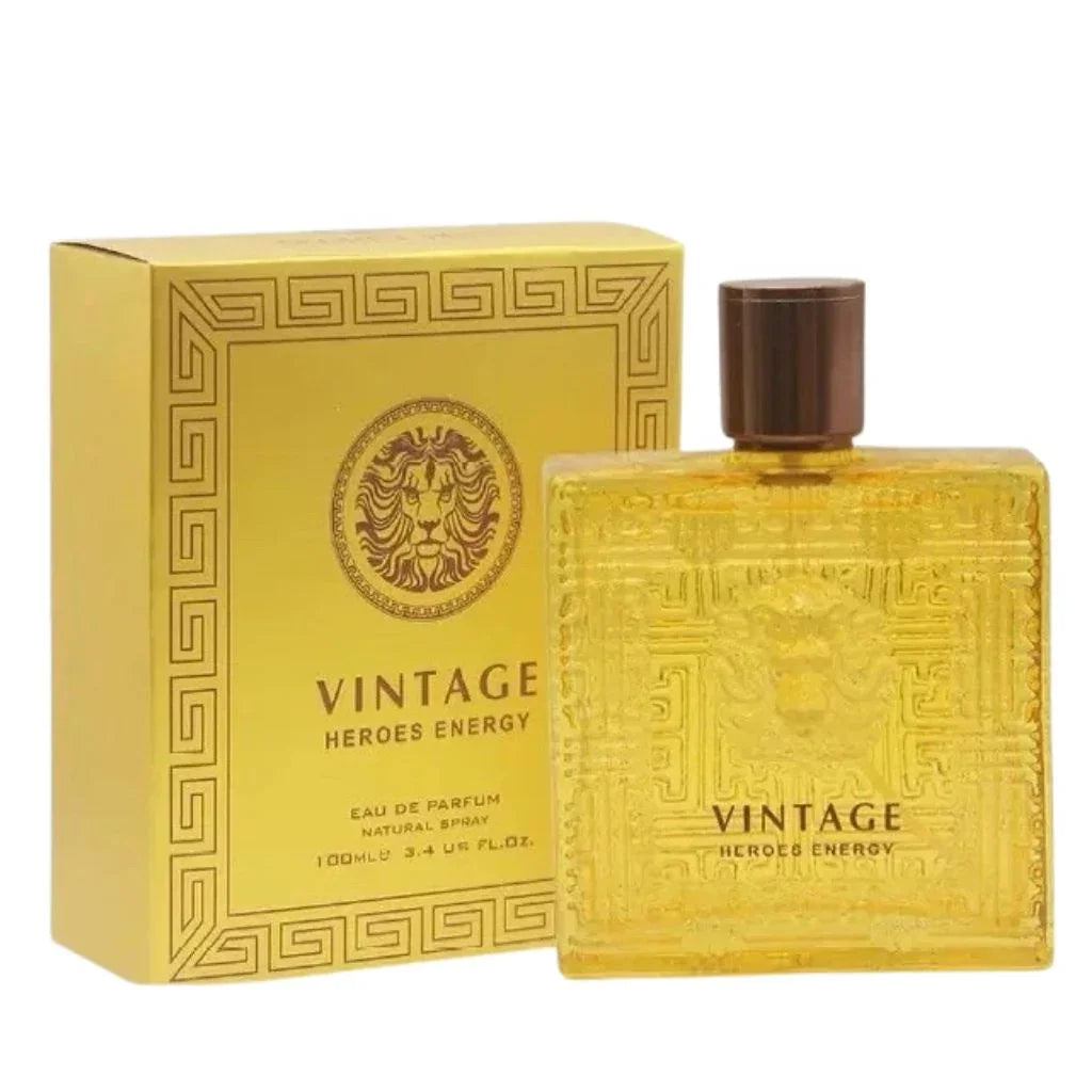 Vintage Heroes Energy Eau de Parfum 3.4 fl oz golden glass lion bottle showcased next to its premium metallic gold presentation box.