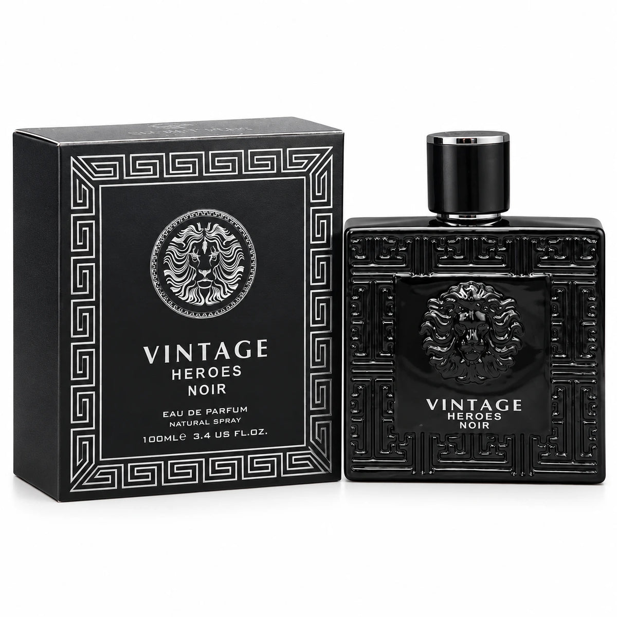 Vintage Heroes Noir Eau De Parfum 100ml black bottle by Secret Plus shown next to its matching silver and black designer presentation box.