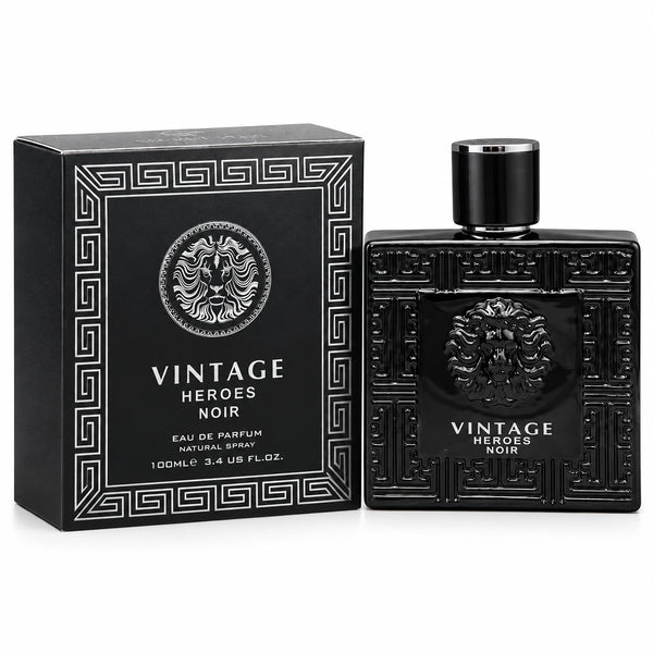 Vintage Heroes Noir Eau De Parfum 100ml black bottle by Secret Plus shown next to its matching silver and black designer presentation box.