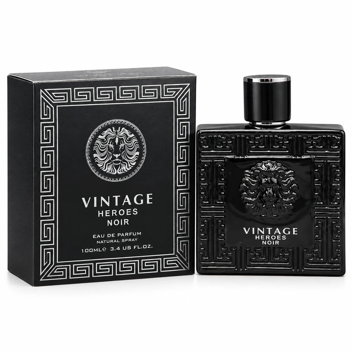 Vintage Heroes Noir Eau De Parfum 100ml black bottle by Secret Plus shown next to its matching silver and black designer presentation box.