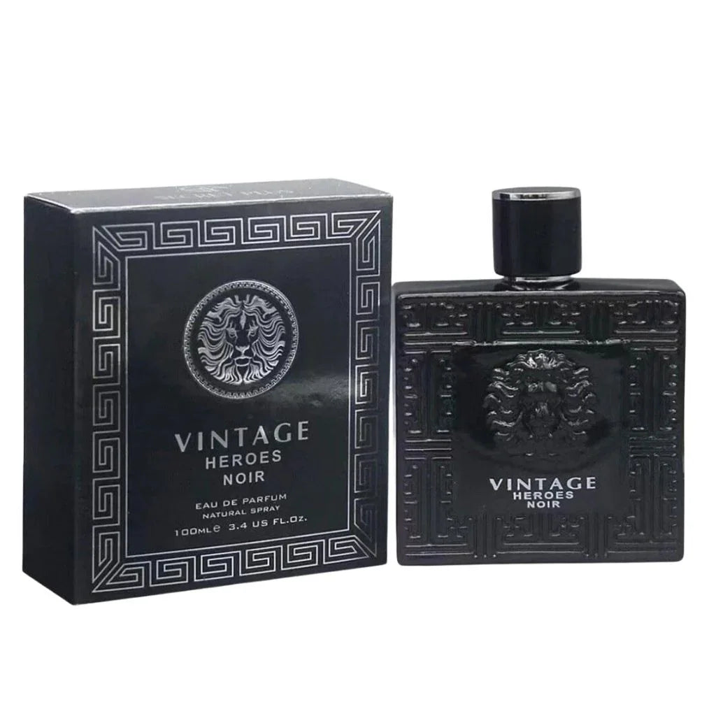 Vintage Heroes Noir Eau De Parfum 100ml black bottle by Secret Plus shown next to its matching silver and black designer presentation box.