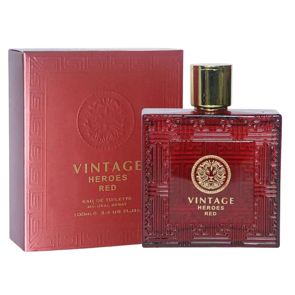 Vintage Heroes Red Eau De Toilette 100ml bottle by Secret Plus next to its luxury embossed crimson presentation box.