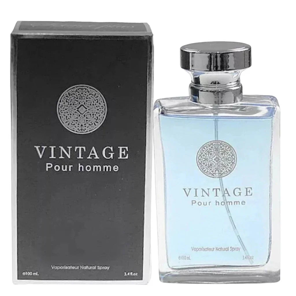 Vintage Pour Homme Eau de Parfum 3.4 fl oz clear glass bottle with sky-blue liquid shown next to its premium black presentation box.